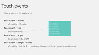 Touch events
Main attributes of a touch event:

TouchEvent.touches
a TouchList of Touches
TouchEvent.type
the type of touch
TouchEvent.target

touchstart
touchend
touchmove
touchenter
touchcancel

the element in the DOM
TouchEvent.changedTouches

a TouchList of all the Touches changed between this event and the previous one

 