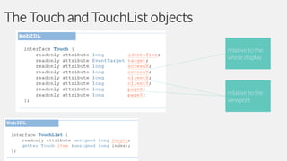The Touch and TouchList objects
relative to the
whole display

relative to the
viewport

 