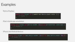 Examples
Retina Displays

iPad in landscape orientation

iPhone and Android devices

 