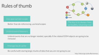 Rules of thumb
Use appropriate scope
Better than de-referencing, use local scopes

The key is to always have
an healthy retaining tree

Unbind event listeners
Unbind events that are no longer needed, specially if the related DOM objects are going to be
removed

Manage local cache
Be careful with storing large chunks of data that you are not going to use
http://slid.es/gruizdevilla/memory

 