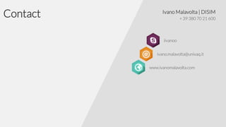 Contact

Ivano Malavolta | DISIM
+ 39 380 70 21 600

iivanoo
ivano.malavolta@univaq.it
www.ivanomalavolta.com

 