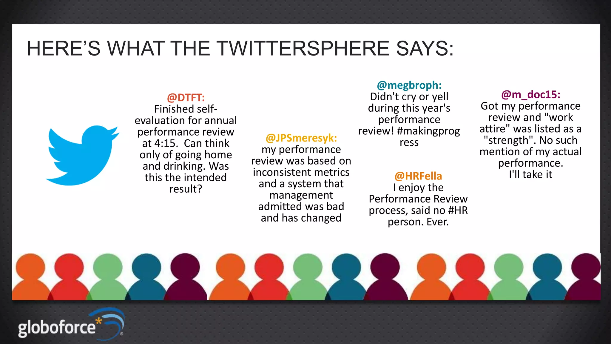 HERE’S WHAT THE TWITTERSPHERE SAYS:
@DTFT:
Finished selfevaluation for annual
performance review
at 4:15. Can think
only of going home
and drinking. Was
this the intended
result?

@JPSmeresyk:
my performance
review was based on
inconsistent metrics
and a system that
management
admitted was bad
and has changed

@megbroph:
Didn't cry or yell
during this year's
performance
review! #makingprog
ress
@HRFella
I enjoy the
Performance Review
process, said no #HR
person. Ever.

@m_doc15:
Got my performance
review and "work
attire" was listed as a
"strength". No such
mention of my actual
performance.
I'll take it

 