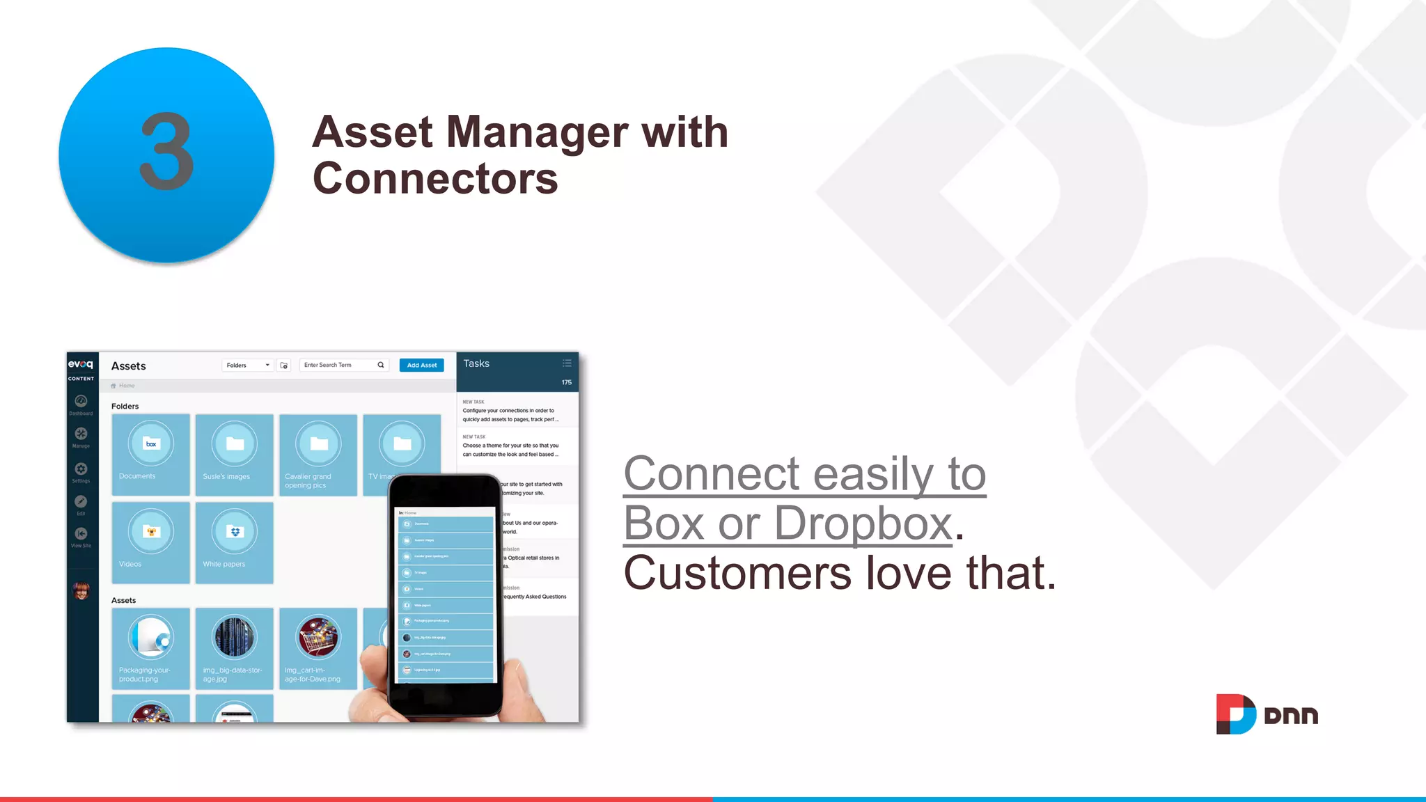 Asset Manager with
Connectors3
Connect easily to
Box or Dropbox.
Customers love that.