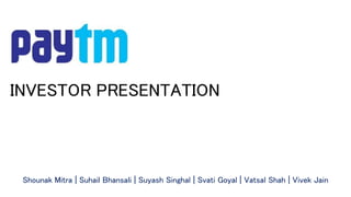 INVESTOR PRESENTATION
Shounak Mitra | Suhail Bhansali | Suyash Singhal | Svati Goyal | Vatsal Shah | Vivek Jain
 