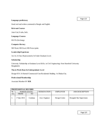 Language proficiency
Good oral and written command in Bangla and English.
Relevant Courses
Auto Cad, E-tabs, Safe.
Language Courses
IELTS (On Going).
Computer literacy
MS Word, MS Excel, MS Power point.
Leadership Experience
Act As A Class Representative In Under Graduate Level.
Scholarship
University Scholarship at Graduate Level (B.Sc. in Civil Engineering) from Stamford University
Bangladesh.
Thesis Work Done In Undergraduate Level
Design Of A 16 Storied Commercial Cum Residential Building At Dhaka City.
Professional Membership
Associate Member Of IEB.
PROFESSIONAL RECORD
SL.
NO
PERIOD (DATE) DESIGNATION EMPLOYER JOB DESCRIPTION
FROM TO
1. 1st
July 2014 Continue Asst. Engineer Design Centre Design& Site Supervision
Page 1/3
Page 2/3
 