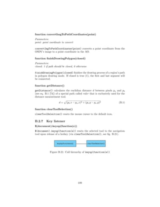 function convertImgToPathCoordinates(point)
Parameters:
point: point coordinate to convert
convertImgToPathCoordinates(point) converts a point coordinate from the
OSDV’s image to a point coordinate in the AO.
function ﬁnishDrawingPolygon(closed)
Parameters:
closed: 1 if path should be closed, 0 otherwise
finishDrawingPolygon(closed) ﬁnishes the drawing process of a region’s path
in polygon drawing mode. If closed is true (1), the ﬁrst and last segment will
be connected.
function getDistance()
getDistance() calculates the euclidian distance d between pixels pa and pb
(see eq. B.1 [74]) of a special path called ruler that is exclusively used for the
distance measurement tool.
d = (pb.x − pa.x)2 + (pb.y − pa.y)2 (B.1)
function clearToolSelection()
clearToolSelection() resets the mouse cursor to the default icon.
B.2.7 Key listener
$(document).keyup(function(e))
$(document).keyup(function(e)) resets the selected tool to the navigation
tool upon release of a hotkey (via clearToolSelection(), see ﬁg. B.21).
Figure B.21: Call hierarchy of keyup(function(e))
109
 