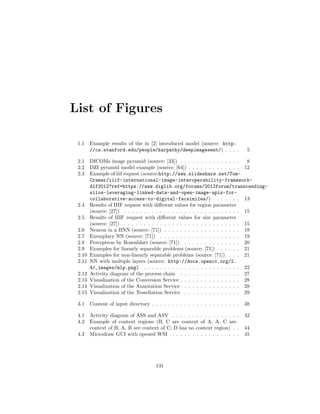 List of Figures
1.1 Example results of the in [2] introduced model (source: http:
//cs.stanford.edu/people/karpathy/deepimagesent/) . . . . 5
2.1 DICOMs image pyramid (source: [33]) . . . . . . . . . . . . . . . 8
2.2 DZI pyramid model example (source: [64]) . . . . . . . . . . . . . 12
2.3 Example of iiif request (source:http://www.slideshare.net/Tom-
Cramer/iiif-international-image-interoperability-framework-
dlf2012?ref=https://www.diglib.org/forums/2012forum/transcending-
silos-leveraging-linked-data-and-open-image-apis-for-
collaborative-access-to-digital-facsimiles/) . . . . . . . 13
2.4 Results of IIIF request with diﬀerent values for region parameter
(source: [27]) . . . . . . . . . . . . . . . . . . . . . . . . . . . . . 15
2.5 Results of IIIF request with diﬀerent values for size parameter
(source: [27]) . . . . . . . . . . . . . . . . . . . . . . . . . . . . . 15
2.6 Neuron in a BNN (source: [71]) . . . . . . . . . . . . . . . . . . . 18
2.7 Exemplary NN (source: [71]) . . . . . . . . . . . . . . . . . . . . 19
2.8 Perceptron by Rosenblatt (source: [71]) . . . . . . . . . . . . . . 20
2.9 Examples for linearly separable problems (source: [71]) . . . . . . 21
2.10 Examples for non-linearly separable problems (source: [71]) . . . 21
2.11 NN with multiple layers (source: http://docs.opencv.org/2.
4/_images/mlp.png) . . . . . . . . . . . . . . . . . . . . . . . . 22
2.12 Activity diagram of the process chain . . . . . . . . . . . . . . . 27
2.13 Visualization of the Conversion Service . . . . . . . . . . . . . . . 28
2.14 Visualization of the Annotation Service . . . . . . . . . . . . . . 28
2.15 Visualization of the Tessellation Service . . . . . . . . . . . . . . 29
3.1 Content of input directory . . . . . . . . . . . . . . . . . . . . . . 38
4.1 Activity diagram of ASS and ASV . . . . . . . . . . . . . . . . . 42
4.2 Example of context regions (B, C are context of A; A, C are
context of B; A, B are context of C; D has no context region) . . 44
4.3 Microdraw GUI with opened WSI . . . . . . . . . . . . . . . . . 45
131
 