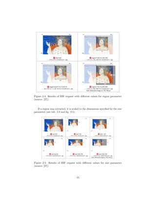 Figure 2.4: Results of IIIF request with diﬀerent values for region parameter
(source: [27])
If a region was extracted, it is scaled to the dimensions speciﬁed by the size
parameter (see tab. 2.3 and ﬁg. 2.5).
Figure 2.5: Results of IIIF request with diﬀerent values for size parameter
(source: [27])
15
 