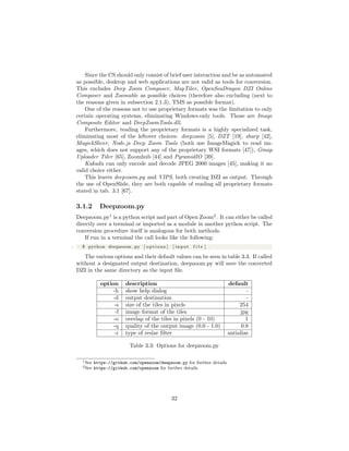 Since the CS should only consist of brief user interaction and be as automated
as possible, desktop and web applications are not valid as tools for conversion.
This excludes Deep Zoom Composer, MapTiler, OpenSeaDragon DZI Online
Composer and Zoomable as possible choices (therefore also excluding (next to
the reasons given in subsection 2.1.3), TMS as possible format).
One of the reasons not to use proprietary formats was the limitation to only
certain operating systems, eliminating Windows-only tools. Those are Image
Composite Editor and DeepZoomTools.dll.
Furthermore, reading the proprietary formats is a highly specialized task,
eliminating most of the leftover choices: deepzoom [5], DZT [19], sharp [42],
MagickSlicer, Node.js Deep Zoom Tools (both use ImageMagick to read im-
ages, which does not support any of the proprietary WSI formats [47]), Gmap
Uploader Tiler [65], Zoomhub [44] and PyramidIO [39].
Kakadu can only encode and decode JPEG 2000 images [45], making it no
valid choice either.
This leaves deepzoom.py and VIPS, both creating DZI as output. Through
the use of OpenSlide, they are both capable of reading all proprietary formats
stated in tab. 3.1 [67].
3.1.2 Deepzoom.py
Deepzoom.py1
is a python script and part of Open Zoom2
. It can either be called
directly over a terminal or imported as a module in another python script. The
conversion procedure itself is analogous for both methods.
If run in a terminal the call looks like the following:
1 $ python deepzoom . py [ options ] [ input f i l e ]
The various options and their default values can be seen in table 3.3. If called
without a designated output destination, deepzoom.py will save the converted
DZI in the same directory as the input ﬁle.
option description default
-h show help dialog -
-d output destination -
-s size of the tiles in pixels 254
-f image format of the tiles jpg
-o overlap of the tiles in pixels (0 - 10) 1
-q quality of the output image (0.0 - 1.0) 0.8
-r type of resize ﬁlter antialias
Table 3.3: Options for deepzoom.py
1See https://github.com/openzoom/deepzoom.py for further details
2See https://github.com/openzoom for further details
32
 