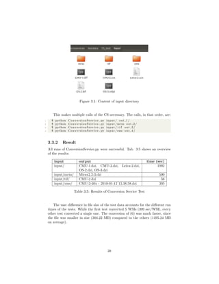 Figure 3.1: Content of input directory
This makes multiple calls of the CS necessary. The calls, in that order, are:
1 $ python ConversionService . py input / out 1 /
2 $ python ConversionService . py input /mrxs out 2 /
3 $ python ConversionService . py input / t i f out 3 /
4 $ python ConversionService . py input /vms out 4 /
3.3.2 Result
All runs of ConversionService.py were successful. Tab. 3.5 shows an overview
of the results:
input output time (sec)
input/ CMU-1.dzi, CMU-2.dzi, Leica-2.dzi,
OS-2.dzi, OS-3.dzi
1992
input/mrxs/ Mirax2.2-3.dzi 500
input/tif/ CMU-2.dzi 56
input/vms/ CMU-2-40x - 2010-01-12 13.38.58.dzi 305
Table 3.5: Results of Conversion Service Test
The vast diﬀerence in ﬁle size of the test data accounts for the diﬀerent run
times of the tests. While the ﬁrst test converted 5 WSIs (399 sec/WSI), every
other test converted a single one. The conversion of (6) was much faster, since
the ﬁle was smaller in size (304.22 MB) compared to the others (1495.24 MB
on average).
38
 