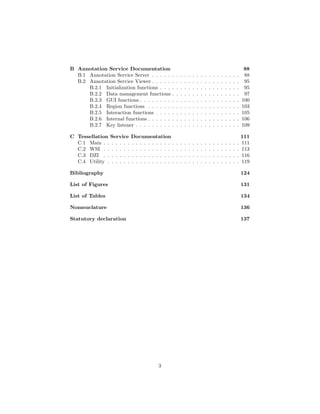 B Annotation Service Documentation 88
B.1 Annotation Service Server . . . . . . . . . . . . . . . . . . . . . . 88
B.2 Annotation Service Viewer . . . . . . . . . . . . . . . . . . . . . . 95
B.2.1 Initialization functions . . . . . . . . . . . . . . . . . . . . 95
B.2.2 Data management functions . . . . . . . . . . . . . . . . . 97
B.2.3 GUI functions . . . . . . . . . . . . . . . . . . . . . . . . . 100
B.2.4 Region functions . . . . . . . . . . . . . . . . . . . . . . . 103
B.2.5 Interaction functions . . . . . . . . . . . . . . . . . . . . . 105
B.2.6 Internal functions . . . . . . . . . . . . . . . . . . . . . . . 106
B.2.7 Key listener . . . . . . . . . . . . . . . . . . . . . . . . . . 109
C Tessellation Service Documentation 111
C.1 Main . . . . . . . . . . . . . . . . . . . . . . . . . . . . . . . . . . 111
C.2 WSI . . . . . . . . . . . . . . . . . . . . . . . . . . . . . . . . . . 113
C.3 DZI . . . . . . . . . . . . . . . . . . . . . . . . . . . . . . . . . . 116
C.4 Utility . . . . . . . . . . . . . . . . . . . . . . . . . . . . . . . . . 119
Bibliography 124
List of Figures 131
List of Tables 134
Nomenclature 136
Statutory declaration 137
3
 