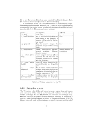 ﬁle to use. The provided directory name is applied to all input elements. Each
ﬁle must have its associated save ﬁle in the same directory.
As mentioned in section 5.2, it might be necessary to create diﬀerent output
images for diﬀerent purposes. Therefore, the TS has a list of optional parameters
to manipulate the created output in order to be applicable to a wider variety of
cases (see tab. 5.1). Those parameters are optional.
name description default
-h, –help show help -
-f, –force-overwrite ﬂag to overwrite images with the
same name (if not supplied, a
number will be added to the im-
age name)
false
-g, –grayscale ﬂag to convert images to
grayscale images before saving
them
false
-i, –interpolation choose interpolation method:
nearest neighbor, bilinear,
bicubic, lanczos
nearest neighbor in-
terpolation
-o, –output [direc-
tory]
choose output directory (if not
provided, the TS will save all
extracted images in its current
working directory)
-
-r, –resize [width]
[height]
resize all output images to the
provided [width] and [height] in
pixel
-
-s, –show-
tessellated
ﬂag to create window and show
stitched image resulting from the
tessellation process (only for de-
bugging purposes, see ”-t”)
false
-t, –tessellate
[width] [height]
tessellate regions into tiles of the
provided [width] and [height] in
pixels
-
Table 5.1: Optional parameters for the TS
5.3.2 Extraction process
The TS receives a list of ﬁles and folders to extract regions from and iterates
over each entry. If the entry is a directory, each contained element will be
checked for its type. If it is a WSI/DZI ﬁle, the extraction is started right away.
Once the extraction is ﬁnished, the next element is examined. If the entry is a
directory, each contained element is subject to the same evaluation. WSI/DZI
ﬁles are extracted, while subdirectories are recursively traversed until the end of
66
 