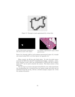 Figure 5.7: Example of path approximated by virtual tiles
(a) RI (white pixels correspond to
tiles that are part of the region)
(b) stitched, approximated region (32x32
pixel tile size)
Figure 5.8: Example of RI (a) and resulting approximated region (b); example
was created using CMU-1.svs from Aperio, see appendix A.2
When created, the RI has only black pixels. To color the pixels associ-
ated with the ROI white, OpenCV’s drawContours(image, contours, color,
fill) function is used. Since the correspondence of pixels and tiles is bidirec-
tional, Lpath
can be used to describe the contour. The drawn contour is then
ﬁlled white.
The last step is to iterate each pixel of the RI. For every white pixel found,
the corresponding tile is extracted from the baseline image and saved into an
individual image ﬁle (see ﬁg. 5.8b for a stitched example, compare tab. 5.3 for
the naming convention).
73
 