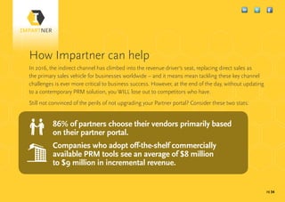 pg 34
How Impartner can help
In 2016, the indirect channel has climbed into the revenue driver’s seat, replacing direct sales as
the primary sales vehicle for businesses worldwide – and it means mean tackling these key channel
challenges is ever more critical to business success. However, at the end of the day, without updating
to a contemporary PRM solution, you WILL lose out to competitors who have.
Still not convinced of the perils of not upgrading your Partner portal? Consider these two stats:
		86% of partners choose their vendors primarily based
		 on their partner portal.
		Companies who adopt off-the-shelf commercially
available PRM tools see an average of $8 million
to $9 million in incremental revenue.
 