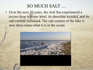 SO MUCH SALT …
• Over the next 30 years, the Aral Sea experienced a
severe drop in water level, its shoreline receded, and its
salt content increased. The salt content of the lake is
now three times what it is in the ocean.
 