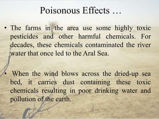 Poisonous Effects …
• The farms in the area use some highly toxic
pesticides and other harmful chemicals. For
decades, these chemicals contaminated the river
water that once led to the Aral Sea.
• When the wind blows across the dried-up sea
bed, it carries dust containing these toxic
chemicals resulting in poor drinking water and
pollution of the earth.
 