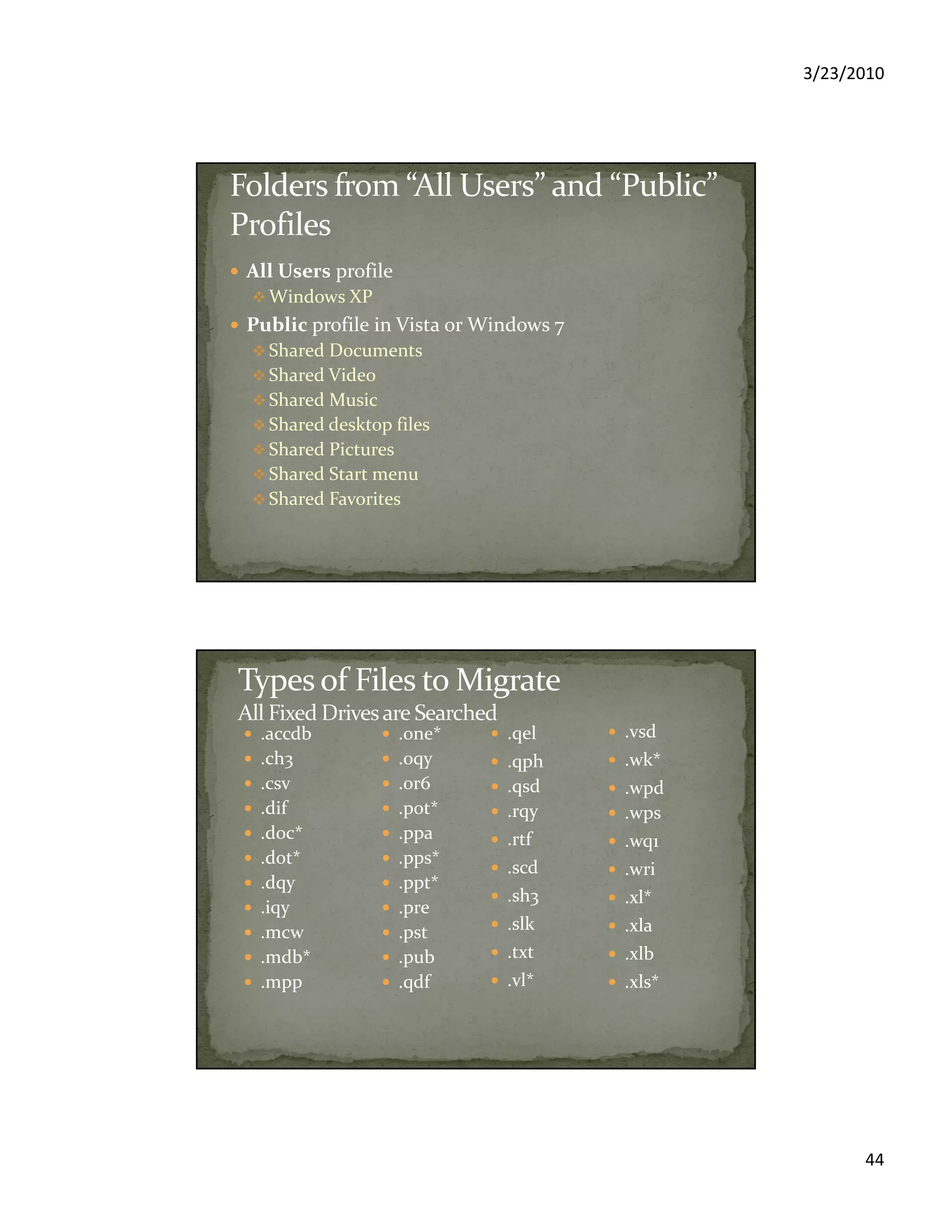 3/23/2010
44
All Users profile
Windows XP
Public profile in Vista or Windows 7
Shared Documents
Shared Video
Shared Music
Shared desktop files
Shared Pictures
Shared Start menu
Shared Favorites
.accdb
.ch3
.csv
.dif
.doc*
.dot*
.dqy
.iqy
.mcw
.mdb*
.mpp
.one*
.oqy
.or6
.pot*
.ppa
.pps*
.ppt*
.pre
.pst
.pub
.qdf
.qel
.qph
.qsd
.rqy
.rtf
.scd
.sh3
.slk
.txt
.vl*
.vsd
.wk*
.wpd
.wps
.wq1
.wri
.xl*
.xla
.xlb
.xls*
 