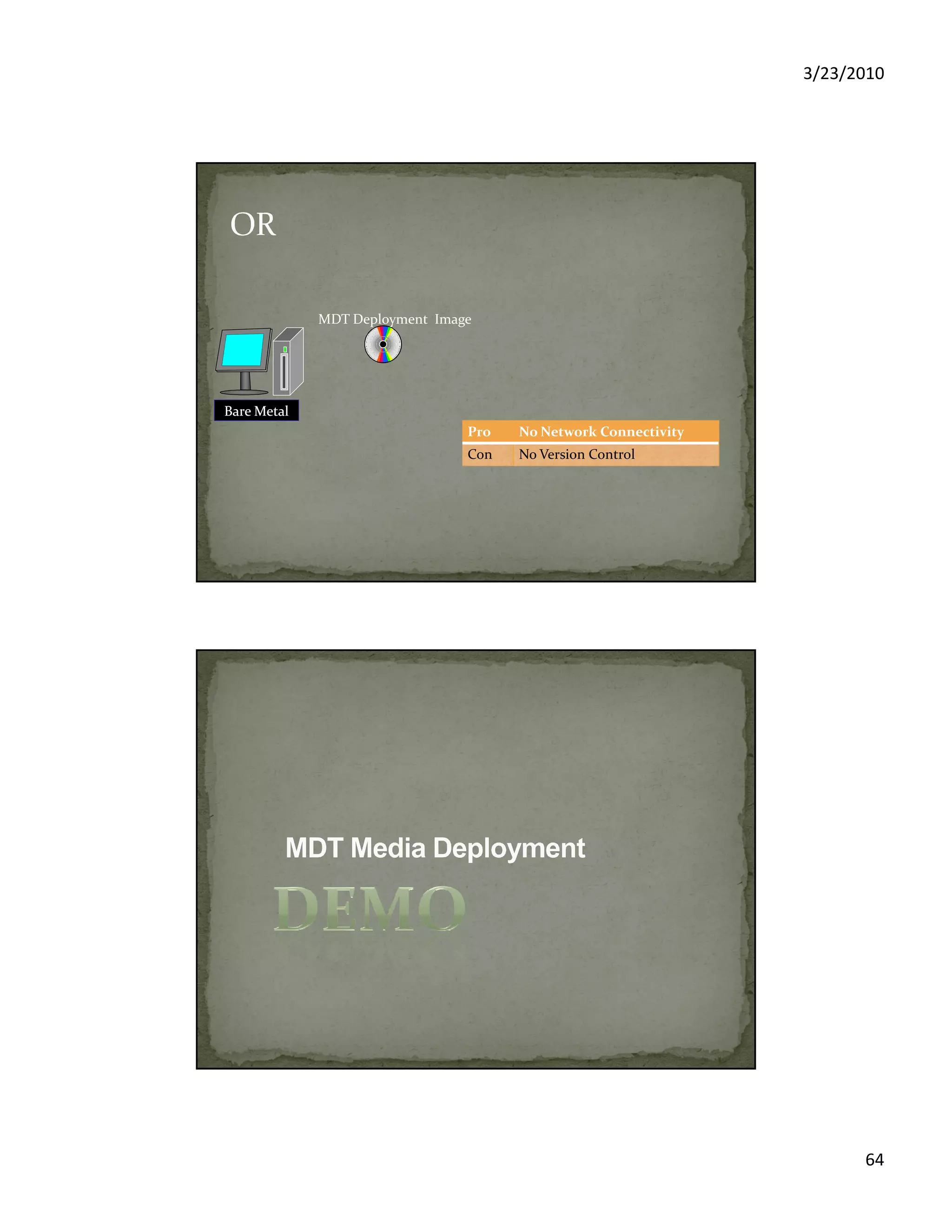 3/23/2010
64
Bare MetalBare Metal
MDT Deployment Image
Pro No Network Connectivity
Con No Version Control
 