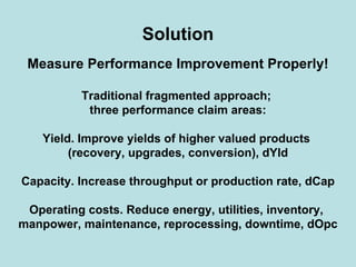 Solution
Measure Performance Improvement Properly!
Traditional fragmented approach;
three performance claim areas:
Yield. Improve yields of higher valued products
(recovery, upgrades, conversion), dYld
Capacity. Increase throughput or production rate, dCap
Operating costs. Reduce energy, utilities, inventory,
manpower, maintenance, reprocessing, downtime, dOpc
 