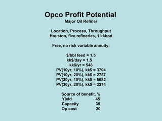 Opco Profit Potential
Major Oil Refiner
Location, Process, Throughput
Houston, five refineries, 1 kkbpd
Free, no risk variable annuity:
$/bbl feed = 1.5
kk$/day = 1.5
kk$/yr = 548
PV(10yr, 10%), kk$ = 3704
PV(10yr, 20%), kk$ = 2757
PV(30yr, 10%), kk$ = 5682
PV(30yr, 20%), kk$ = 3274
Source of benefit, %
Yield 45
Capacity 35
Op cost 20
 