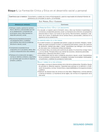 41 
Bloque I. La Formación Cívica y Ética en el desarrollo social y personal 
Competencias que se favorecen: Conocimiento y cuidado de sí mismo • Autorregulación y ejercicio responsable de la libertad • Sentido de 
SEGUNDO GRADO 
pertenencia a la comunidad, la nación y la humanidad 
Ejes: Persona, Ética y Ciudadanía 
Aprendizajes esperados Contenidos 
• Distingue, acepta y aprecia los cambios 
físicos, afectivos y psicosociales que vive 
en su adolescencia y comprende que 
la formación cívica y ética favorece su 
desarrollo personal y social. 
• Reconoce la importancia de asumir 
una perspectiva ética y ciudadana 
para enfrentar retos ante los problemas 
del entorno natural y social. 
• Comprende la necesidad de ser 
congruente con lo que piensa, siente, dice 
y hace en situaciones de la vida cotidiana. 
• Participa en la construcción de reglas y 
normas en distintos contextos y argumenta 
por qué éstas rigen sus actos en espacios 
privados y públicos. 
La Formación Cívica y Ética y los adolescentes 
• La escuela: un espacio para la formación cívica y ética que favorece el aprendizaje, la 
convivencia y el desarrollo personal y social. La importancia de conformar una perspectiva 
personal sobre sí mismo y el mundo en que vivimos. Reconocimiento, aceptación y valo-ración 
de sí mismo. El significado de los cambios físicos, psicosociales y afectivos en la 
experiencia de los adolescentes. 
La dimensión moral de la vida humana 
• Los seres humanos y su capacidad para pensar y juzgar sus acciones. Intereses y necesi-dades 
que guían la actuación humana. La congruencia entre pensar y actuar. Dar cuenta de 
las decisiones. Libertad para elegir y decidir: característica que distingue a los humanos 
de otros seres vivos. Condiciones y límites de la libertad. 
• La formación ética y la construcción autónoma de valores. El compromiso consigo mismo 
y con los demás. Principios éticos que orientan las acciones y decisiones personales. 
• Distinciones y relaciones entre ética y moral. 
• Los adolescentes ante los retos y problemas del entorno natural y social. Características 
de las sociedades contemporáneas: complejidad, diversidad, funcionalidad, individualidad, 
competitividad y volatilidad de paradigmas tradicionales. 
Reglas y normas en la vida cotidiana 
• Las reglas y normas en diversos ámbitos de la vida de los adolescentes. Disciplina y figuras 
de autoridad en diferentes espacios. Capacidad para participar en la definición y modifi-cación 
de acuerdos y normas. Compromisos y responsabilidades en los espacios privados 
y públicos. 
• Distinción de diversos tipos de normas en la vida diaria. Obligaciones y normas externas 
e internas al individuo. La importancia de las reglas y las normas en la organización de la 
vida social. 
 