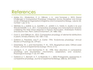 References
• Mykles D.L., Ghalambor, C. K., Stillman, J. H. and Tomanek L., 2010, Grand
Challenges in Comparative Physiology: Integration Across Disciplines and Across
Levels of Biological Organization,Integrative and Comparative Biology, volume 50,
number 1, pp. 6–16.
• WESTON, D. J., KARVE, A. A., GUNTER, L. E., JAWDY, S. S., YANG, X., ALLEN, S. M. and
WULLSCHLEGER, S. D., 2011, Comparative physiology and transcriptional networks
underlying the heat shock response in Populus trichocarpa, Arabidopsis thaliana
and Glycine max. Plant, Cell & Environment, 34: 1488–1506.
• Conn S. and Gilliham M., 2010, Comparative physiology of elemental distributions
in plants, Annals of Botany 105: 1081–1102.
• Garland Jr, Theodore, and P. A. Carter. 1994. "Evolutionary physiology." Annual
Review of Physiology 56.: 579-621.
• Greenberg, M. J. and Hochachka, P. W., 1975, Biographical data: Clifford Ladd
Prosser. Journal of Experimental Zoology 194 (1): 5–12.
• Mangum, C. P. and Hochachka P. W., 1998. New directions in comparative
physiology and biochemistry: mechanisms, adaptations, and evolution.
Physiological Zoology 71 (5): 471–484.
• Garland Jr, T., Bennett, A. F., & Rezende, E. L. 2005) Phylogenetic approaches in
comparative physiology. Journal of experimental Biology, 208(16), 3015-3035.
 