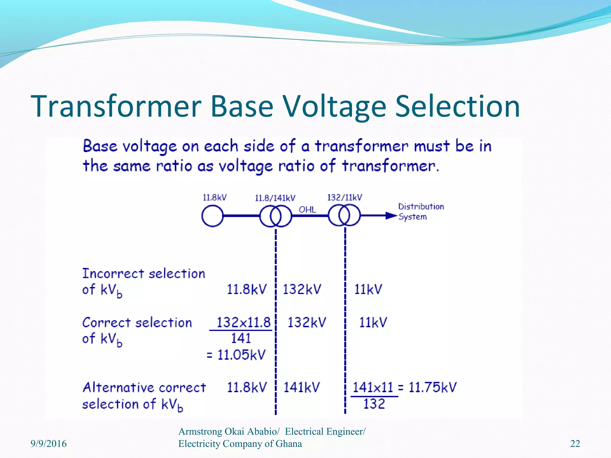 Transformer Base Voltage Selection
22
Armstrong Okai Ababio/ Electrical Engineer/
Electricity Company of Ghana9/9/2016
 