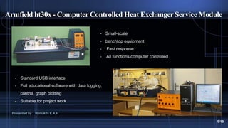 Armfield ht30x - Computer Controlled Heat Exchanger Service Module
- Small-scale
- benchtop equipment
- Fast response
- All functions computer controlled
- Standard USB interface
- Full educational software with data logging,
control, graph plotting
- Suitable for project work.
Presented by : Wimukthi K.A.H
5/19
 