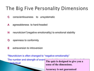 CC conscientiousness to unsystematic
AA agreeableness to hard-headed
NN neuroticism*(negative emotionality) to emotional stability
OO openness to conformity
EE extraversion to introversion
*Neuroticism is often changed to “negative emotionality”
The number and strength of events required to produce emotions in the
individual
The quiz is designed to give you a
sense of the dimensions.
Accuracy is not guaranteed
 