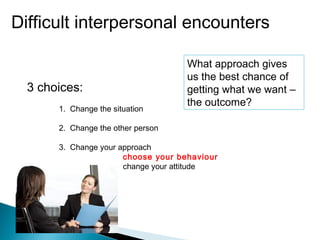 Difficult interpersonal encounters
3 choices:
1. Change the situation
2. Change the other person
3. Change your approach
choose your behaviour
change your attitude
What approach gives
us the best chance of
getting what we want –
the outcome?
 