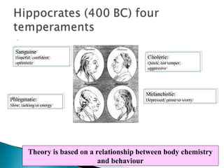.,,,
Theory is based on a relationship between body chemistry
and behaviour
Sanguine
Hopeful, confident,
optimistic
Sanguine
Hopeful, confident,
optimistic
Choleric:
Quick, hot temper,
aggressive
Choleric:
Quick, hot temper,
aggressive
Phlegmatic:
Slow, lacking in energy
Phlegmatic:
Slow, lacking in energy
Melancholic:
Depressed, prone to worry
Melancholic:
Depressed, prone to worry
 