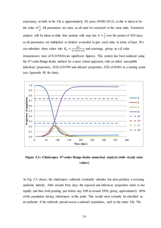 18
expectancy at birth in the UK is approximately 81 years (WHO 2012), so this is taken to be
the value of
1
𝜇
. All parameters are rates, so all must be converted to the same units. Numerical
analysis will be taken at daily time periods with step size ℎ =
1
5
over the period of 365 days,
so all parameters are multiplied or divided as needed to give each value in terms of days. We
can substitute these values into 𝑅0 =
𝛽𝜎
( 𝜎+𝜇)( 𝛾+𝜇)
and rearrange, giving us a 𝛽 value
(transmission rate) of 0.319426 (six significant figures). This system has been analysed using
the 4th-order Runge-Kutta method for a more robust approach, with an initial susceptible
individual proportion, 𝑆(0) of 0.999 and infected proportion, 𝐼(0) of 0.001 as a starting point
(see Appendix B1 for data).
Figure 3.3.: Chickenpox 4th-order Runge-Kutta numerical analysis (with steady state
values)
As Fig. 3.3. shows, the chickenpox outbreak eventually subsides but does produce a worrying
epidemic initially. After around forty days, the exposed and infectious proportion starts to rise
rapidly and then both peaking just before day 100 at around 20%, giving approximately 40%
of the population having chickenpox at this point. This would most certainly be classified as
an epidemic if the outbreak spread across a national population, such as the entire UK. The
0.0
0.1
0.2
0.3
0.4
0.5
0.6
0.7
0.8
0.9
1.0
0 50 100 150 200 250 300 350 400
Proportionofpopulation
Time (days)
S
E
I
R
S*
E*
I*
R*
 