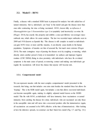 30
3.3. Model3 – H1N1
Finally, a disease with a standard SEIR basis is proposed for analysis but with added loss of
natural immunity; that is, individuals can ‘loop’ in the model and gain the disease more than
once after contracting the virus or being vaccinated. H1N1, known fully as influenza A
(Haemagglutinin type 1-Neuraminidase type 1) or popularly (and incorrectly) as swine flu
(Flu.gov 2014), has exactly this property and exhibits a once-per-lifetime (on average) mass-
outbreak rate, which allows for easier analysis. The last two recorded major outbreaks were in
2009 and 1918 (known as Spanish flu). This disease is still complex to model as individuals
can gain H1N1 twice or more and like measles, it can directly cause deaths in the human
population. Symptoms of measles are that of seasonal flu, but much more extreme (Flu.gov
2014). The main contagious ways of passing the disease on is by coughing or sneezing, which
directly enters another person’s body or is transmitted via surfaces and improper hygiene
routines (CDC 2009d). Being in close proximity with individuals who have flu or related
symptoms is the main cause of spread, so removing contact and making sure individuals get
regular flu vaccinations will lower the chance that anyone will become sick.
3.3.1. Compartmental model
We can represent measles with the most complex compartmental model presented in this
research; that being, one that includes one extra state besides the standard three but allows for
‘looping’. This is the SEIR model again, but includes a rate that allows recovered individuals
can become susceptible again, making it a slightly adjusted model known as the SEIRS
model. This fits with H1N1, as individuals will have immunity from vaccinations or earned
immunity from catching the disease for a time; individuals who are vaccinated are only those
in the susceptible state and will move into a recovered position after the immunisation (again,
all vaccinations are assumed to be 100% effective at the time of immunisation). After looking
at how the infection spreads, we construct our final black-box model (Fig. 3.7. and Fig. 3.8.):
 