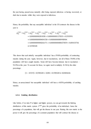 64
the year having passed away naturally after being exposed, infectious or having recovered, or
died due to measles whilst they were exposed or infectious.
Hence, the probability that any susceptible individual in the US contracts the disease in this
year is:
𝑝𝑆𝐸
(365)
+ 𝑝𝑆𝐼
(365)
+ 𝑝𝑆𝑅
(365)
+ 𝑝𝑆𝑋
(365)
+ 𝑝𝑆𝑇
(365)
+ 𝑝𝑆𝑌
(365)
+ 𝑝𝑆𝑈
(365)
+ 𝑝𝑆𝑍
(365)
= 0.00000000201838+ 0.00000000137033 + 0.593991
+ 0.0000000000404158+ 0.0000000000998904
+ 0.0000000000266171+ 0.0000000000657859+ 0.00433736
≅ 0.598328
This shows that each initially susceptible individual has a 59.8% probability of contracting
measles during the year. Again, however, due to vaccinations, not all of these 59.8% of the
population will have caught measles. Some will have become immune due to vaccination –
91.9% in this year. To account for these, we again need to multiply 8.1% by the other
percentage:
(1 − 0.919)∗ 0.598328 = 0.081 ∗ 0.598328 ≅ 0.0484646
Hence, an unvaccinated but susceptible individual will have a 4.85% probability of catching
measles.
6.2.4. Limiting distribution
Like before, if we take 𝑃 to higher and higher powers, we can get towards the limiting
distribution of this matrix system. 𝑃365
gives the probability of an individual, hence the
percentage of a population, that will get the disease in one year. Raising this new matrix to the
power 𝑛 will give the percentage of a constant population that will contract the disease at
 