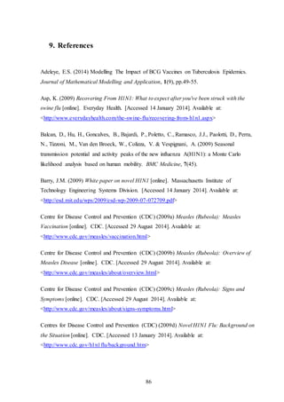86
9. References
Adeleye, E.S. (2014) Modelling The Impact of BCG Vaccines on Tuberculosis Epidemics.
Journal of Mathematical Modelling and Application, 1(9), pp.49-55.
Asp, K. (2009) Recovering From H1N1: What to expect after you've been struck with the
swine flu [online]. Everyday Health. [Accessed 14 January 2014]. Available at:
<http://www.everydayhealth.com/the-swine-flu/recovering-from-h1n1.aspx>
Balcan, D., Hu, H., Goncalves, B., Bajardi, P., Poletto, C., Ramasco, J.J., Paolotti, D., Perra,
N., Tizzoni, M., Van den Broeck, W., Colizza, V. & Vespignani, A. (2009) Seasonal
transmission potential and activity peaks of the new influenza A(H1N1): a Monte Carlo
likelihood analysis based on human mobility. BMC Medicine, 7(45).
Barry, J.M. (2009) White paper on novel H1N1 [online]. Massachusetts Institute of
Technology Engineering Systems Division. [Accessed 14 January 2014]. Available at:
<http://esd.mit.edu/wps/2009/esd-wp-2009-07-072709.pdf>
Centre for Disease Control and Prevention (CDC) (2009a) Measles (Rubeola): Measles
Vaccination [online]. CDC. [Accessed 29 August 2014]. Available at:
<http://www.cdc.gov/measles/vaccination.html>
Centre for Disease Control and Prevention (CDC) (2009b) Measles (Rubeola): Overview of
Measles Disease [online]. CDC. [Accessed 29 August 2014]. Available at:
<http://www.cdc.gov/measles/about/overview.html>
Centre for Disease Control and Prevention (CDC) (2009c) Measles (Rubeola): Signs and
Symptoms [online]. CDC. [Accessed 29 August 2014]. Available at:
<http://www.cdc.gov/measles/about/signs-symptoms.html>
Centres for Disease Control and Prevention (CDC) (2009d) Novel H1N1 Flu: Background on
the Situation [online]. CDC. [Accessed 13 January 2014]. Available at:
<http://www.cdc.gov/h1n1flu/background.htm>
 