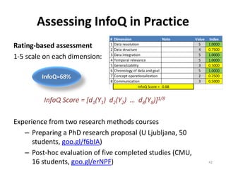 Assessing InfoQ in Practice
Rating-based assessment
1-5 scale on each dimension:
InfoQ Score = [d1(Y1) d2(Y2) … d8(Y8)]1/8
Experience from two research methods courses
– Preparing a PhD research proposal (U Ljubljana, 50
students, goo.gl/f6bIA)
– Post-hoc evaluation of five completed studies (CMU,
16 students, goo.gl/erNPF) 42
# Dimension Note Value Index
1 Data resolution 5 1.0000
2 Data structure 4 0.7500
3 Data integration 5 1.0000
4 Temporal relevance 5 1.0000
5 Generalizability 3 0.5000
6 Chronology of data and goal 5 1.0000
7 Concept operationalization 2 0.2500
8 Communication 3 0.5000
InfoQ Score = 0.68
InfoQ=68%
 