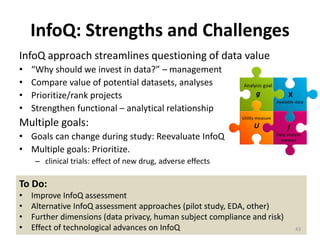 InfoQ: Strengths and Challenges
InfoQ approach streamlines questioning of data value
• “Why should we invest in data?” – management
• Compare value of potential datasets, analyses
• Prioritize/rank projects
• Strengthen functional – analytical relationship
Multiple goals:
• Goals can change during study: Reevaluate InfoQ
• Multiple goals: Prioritize.
– clinical trials: effect of new drug, adverse effects
To Do:
• Improve InfoQ assessment
• Alternative InfoQ assessment approaches (pilot study, EDA, other)
• Further dimensions (data privacy, human subject compliance and risk)
• Effect of technological advances on InfoQ 43
 