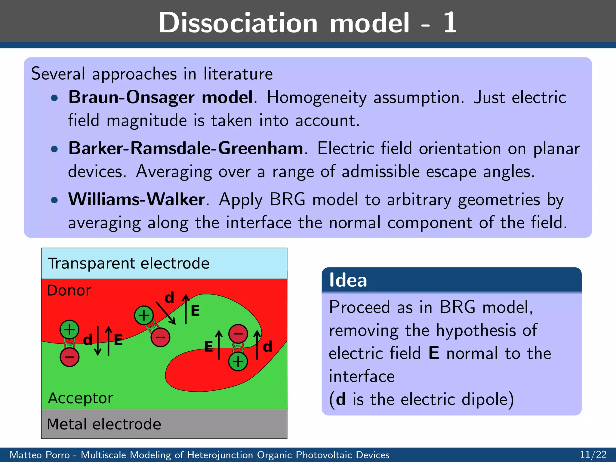 Model equations - 2 
 Geminate pair 
equation 
8 
: 
@eP 
@t 
= 
2H 
diss 
X  (kdiss + krec)eP 
+ 2H
np on  
eP 
= 0 in 
 n  
eP 
(x; 0) = eP0(x) in 
 
 Novel model for the dissociation rate constant kdiss(E) 
 Langevin bimolecular recombination 
np 
 Electron 
equation 
(Hole equation is 
analogous) 
8 
: 
@n 
@t 
 
1 
q 
div Jn = 0 in 
n 
eP 
Jn = qDnrn  qnnr' in 
n 
1 
Jn   = kdiss 2H
np on  
q 
n 
1 
q 
Jn   + nn =  