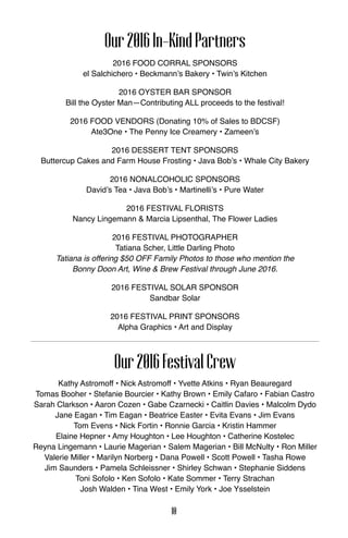 Our2016In-KindPartners
2016 FOOD CORRAL sponsorS
el Salchichero • Beckmann’s Bakery • Twin’s Kitchen
2016 OYSTER BAR sponsor
Bill the Oyster Man—Contributing ALL proceeds to the festival!
2016 FOOD VENDORS (Donating 10% of Sales to BDCSF)
Ate3One • The Penny Ice Creamery • Zameen’s
2016 DESSERT TENT sponsorS
Buttercup Cakes and Farm House Frosting • Java Bob’s • Whale City Bakery
2016 NONALCOHOLIC SPONSORS
David’s Tea • Java Bob’s • Martinelli’s • Pure Water
2016 FESTIVAL FLORISTS
Nancy Lingemann & Marcia Lipsenthal, The Flower Ladies
2016 FESTIVAL PHOTOGRAPHER
Tatiana Scher, Little Darling Photo
Tatiana is offering $50 OFF Family Photos to those who mention the
Bonny Doon Art, Wine & Brew Festival through June 2016.
2016 Festival Solar sponsor
Sandbar Solar
2016 Festival PRINT sponsors
Alpha Graphics • Art and Display
Our2016FestivalCrew
Kathy Astromoff • Nick Astromoff • Yvette Atkins • Ryan Beauregard
Tomas Booher • Stefanie Bourcier • Kathy Brown • Emily Cafaro • Fabian Castro
Sarah Clarkson • Aaron Cozen • Gabe Czarnecki • Caitlin Davies • Malcolm Dydo
Jane Eagan • Tim Eagan • Beatrice Easter • Evita Evans • Jim Evans
Tom Evens • Nick Fortin • Ronnie Garcia • Kristin Hammer
Elaine Hepner • Amy Houghton • Lee Houghton • Catherine Kostelec
Reyna Lingemann • Laurie Magerian • Salem Magerian • Bill McNulty • Ron Miller
Valerie Miller • Marilyn Norberg • Dana Powell • Scott Powell • Tasha Rowe
Jim Saunders • Pamela Schleissner • Shirley Schwan • Stephanie Siddens
Toni Sofolo • Ken Sofolo • Kate Sommer • Terry Strachan
Josh Walden • Tina West • Emily York • Joe Ysselstein
10
 