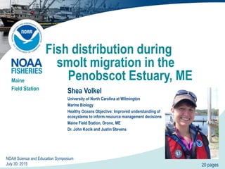 Fish distribution during
smolt migration in the
Penobscot Estuary, ME
Shea Volkel
University of North Carolina at Wilmington
Marine Biology
Healthy Oceans Objective: Improved understanding of
ecosystems to inform resource management decisions
Maine Field Station, Orono, ME
Dr. John Kocik and Justin Stevens
Maine
Field Station
20 pages
NOAA Science and Education Symposium
July 30, 2015
 