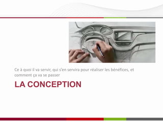 Ce à quoi il va servir, qui s’en servira pour réaliser les bénéfices, et
comment ça va se passer

LA CONCEPTION

 