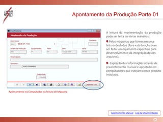 Apontamento da Produção Parte 01
A leitura da movimentação da produção
pode ser feita de várias maneiras:
Pelas máquinas que fornecem uma
leitura de dados (Para esta função deve
ser feito um orçamento específico para
desenvolvimento da integração destes
arquivos);
Captação das informações através de
preenchimento manual e apontado em
computadores que estejam com o produto
instalado.
Apontamento Manual
Apontamento via Computador ou leitura de Maquina
Log da Movimentação
 