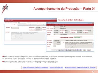 Acompanhamento da Produção – Parte 01
Feito o apontamento da produção, o usuário responsável, a qualquer momento, consegue consultar o andamento
da produção e seus prazos de conclusão de maneira rápida e objetiva;
Remanejamento, alteração ou exclusão da programação da produção.
Log de Movimentação Fase/Equipamentos
Consulta da Ordem de Produção:
Serviços por Operador Acompanhamento da Movimentação da Produção
 