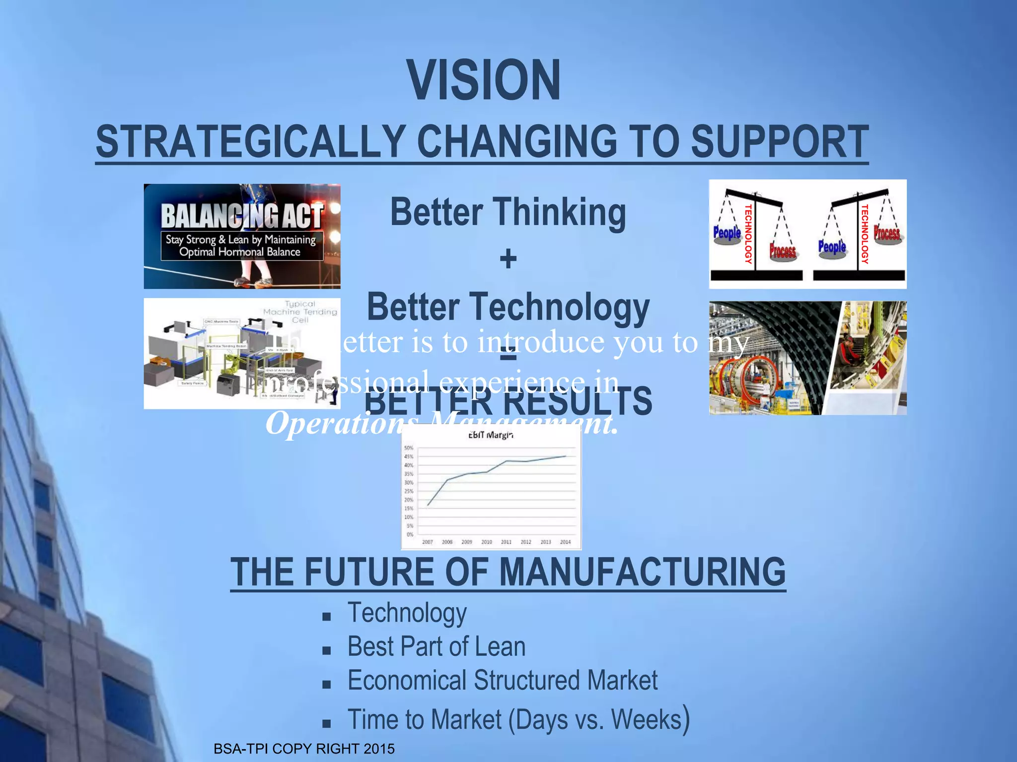 BSA-TPI COPY RIGHT 2015
STRATEGICALLY CHANGING TO SUPPORT
Better Thinking
+
Better Technology
=
BETTER RESULTS
THE FUTURE OF MANUFACTURING
 Technology
 Best Part of Lean
 Economical Structured Market
 Time to Market (Days vs. Weeks)
TECHNOLOGY
TECHNOLOGY
VISION
This letter is to introduce you to my
professional experience in
Operations Management.
 