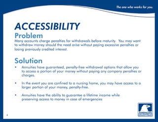 4
accessibility
Problem
Many accounts charge penalties for withdrawals before maturity. You may want
to withdraw money should the need arise without paying excessive penalties or
losing previously credited interest.
Solution
•	Annuities have guaranteed, penalty-free withdrawal options that allow you
to access a portion of your money without paying any company penalties or
charges.
•	In the event you are confined to a nursing home, you may have access to a
larger portion of your money, penalty-free.
•	 Annuities have the ability to guarantee a lifetime income while
preserving access to money in case of emergencies
 