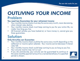 9
outliving your income
Problem
You need two Guarantees for your retirement income
•	Your monthly income checks must stay the same every month, never decreasing,
when interest rates decline.
•	Your monthly income check must keep coming to you for your entire life, no
matter how long you live.
•	All financial vehicles you have looked at, or have money in, cannot give you
these guarantees.
Solution
Only Annuities can Guarantee:
•	Your monthly income check could be the same every month depending on the
settlement or income option selected. Your income cannot decrease if interest
rates fall.
•	Your monthly income check could keep coming to you as long as you live.
•	Your annuity income may not run out.
•	If you die prematurely, your annuity can be guaranteed to continue at
the same monthly payment amount to a named beneficiary if a specified
period is chosen.
 