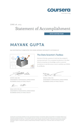 coursera.org
Statement of Accomplishment
WITH DISTINCTION
JUNE 08, 2015
MAYANK GUPTA
HAS SUCCESSFULLY COMPLETED THE JOHNS HOPKINS UNIVERSITY'S OFFERING OF
The Data Scientist’s Toolbox
Overview of the data, questions, & tools that data analysts &
scientists work with. It is a conceptual introduction to the ideas
behind turning data into knowledge as well as a practical
introduction to tools like version control, markdown, git, GitHub,
R, and RStudio.
JEFFREY LEEK, PHD
DEPARTMENT OF BIOSTATISTICS, JOHNS HOPKINS
BLOOMBERG SCHOOL OF PUBLIC HEALTH
ROGER D. PENG, PHD
DEPARTMENT OF BIOSTATISTICS, JOHNS HOPKINS
BLOOMBERG SCHOOL OF PUBLIC HEALTH
BRIAN CAFFO, PHD, MS
DEPARTMENT OF BIOSTATISTICS, JOHNS HOPKINS
BLOOMBERG SCHOOL OF PUBLIC HEALTH
PLEASE NOTE: THE ONLINE OFFERING OF THIS CLASS DOES NOT REFLECT THE ENTIRE CURRICULUM OFFERED TO STUDENTS ENROLLED AT
THE JOHNS HOPKINS UNIVERSITY. THIS STATEMENT DOES NOT AFFIRM THAT THIS STUDENT WAS ENROLLED AS A STUDENT AT THE JOHNS
HOPKINS UNIVERSITY IN ANY WAY. IT DOES NOT CONFER A JOHNS HOPKINS UNIVERSITY GRADE; IT DOES NOT CONFER JOHNS HOPKINS
UNIVERSITY CREDIT; IT DOES NOT CONFER A JOHNS HOPKINS UNIVERSITY DEGREE; AND IT DOES NOT VERIFY THE IDENTITY OF THE
STUDENT.
 