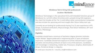 Mindlance Tech is hiring VLSI professionals
Location: Worldwide
Mindlance Technologies is the specialized VLSI and Embedded Solutions group of
Mindlance Inc. (a $125 million US entity) and is actively hiring VLSI engineers.
Our client list includes all the Tier 1 multi-billion dollar semiconductor companies
and also include the upcoming and most sought after Silicon Valley start ups.
Currently we are looking for professionals having 2 to 15 year experience in RTL
Design, Functional verification, Physical Design, Post Silicon Validation, DFT and
Systems / PCB design.
Eligibility:
Candidate should have a minimum of bachelors degree (premier institutes
and/or Master’ degree preferred) in engineering with 2+ years of relevant
experience. Candidate should have exposure to all the relevant tools in a given
discipline and should be proficient at least in one of the domains. Candidates
with knowledge in networking, mobile SoC, Processors, Graphics, Multimedia IP
design, Peripheral design is a big plus.
Pls send your resumes to – resume_hw@mindlance.com
 