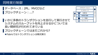 13 © NEC Corporation 2017
同時実行制御
▌データベース：2PL、MVCCなど
▌ブロックチェーン：...?
▌いかに多数のトランザクションを並行して実行させて
システムのスループットを向上させるかについては
長い間研究が行われてきている
▌ブロックチェーンではまだこれから?
Fabricではトランザクションは順次実行
ネットワーク
データ構造
セキュリティ
同時実行制御
合意形成
インタフェース
（アプリケーション）
復旧
 