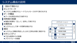 9 © NEC Corporation 2017
システム構成の説明
▌（図の下側から）
▌ネットワーク
 システムを構成するノードでメッセージのやり取りをする
▌データ構造
 データを特定の形式で保存する
▌同時実行制御
 複数の処理を「正しく」並列して実行する
▌合意形成
 システムとして単一の見解を導出する
▌復旧
 システムに障害が発生したときに正常な状態に復旧する
▌セキュリティ
 不正な使用からの保護
 プライバシーの保護
ネットワーク
データ構造
セキュリティ
同時実行制御
合意形成
インタフェース
（アプリケーション）
復旧
 
